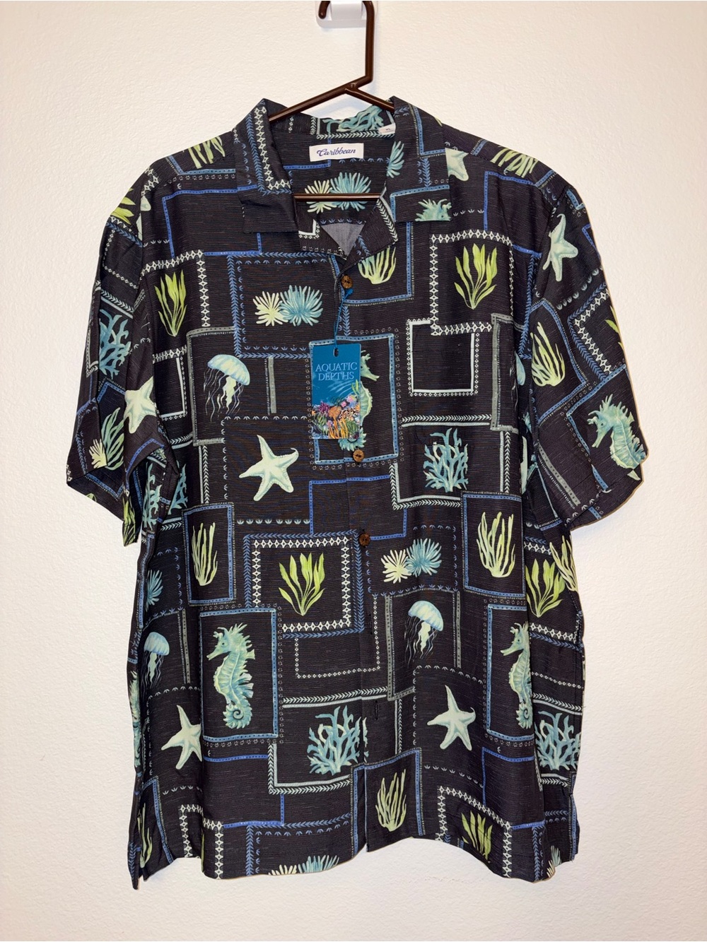NWT Caribbean Mens XL Aquatic Depths Short Sleeve Button Down Ocean Print Shirt